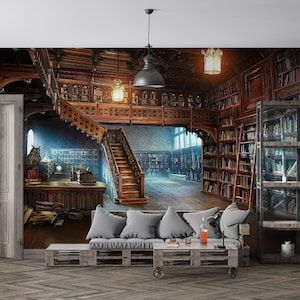 Library Bookshelf Wallpaper: Modern Wall Decor, Books Lover Gift