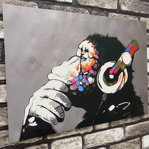 Banksy Thinking Monkey, Canvas  Wall Art, Banksy Wall Art, Monkey Wall Art, Graffiti Wall Art, Home Decor, Framed Canvas, Loft Wall Decor,