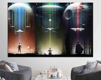 May include: A digital art print featuring characters from Star Wars. The print depicts Luke Skywalker, Yoda, and Darth Vader standing in front of a backdrop of three planets and spaceships. The print is in a dark blue, green, and red color scheme.