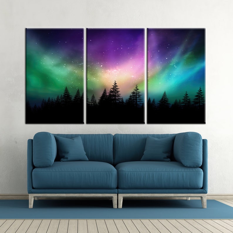 Aurora Borealis Northern Lights Over Canadian Forest, Northern Lights Wall Art, Nature Wall Art, Night Wall Art, Starry Sky Wall Art, Set of 3 Panels