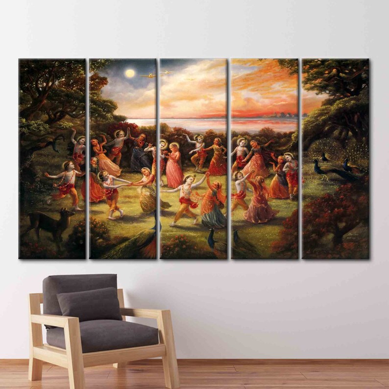 Sztuka tańca Radha Krishna na płótnie: plakat hinduski Rasa Lila zdjęcie 5