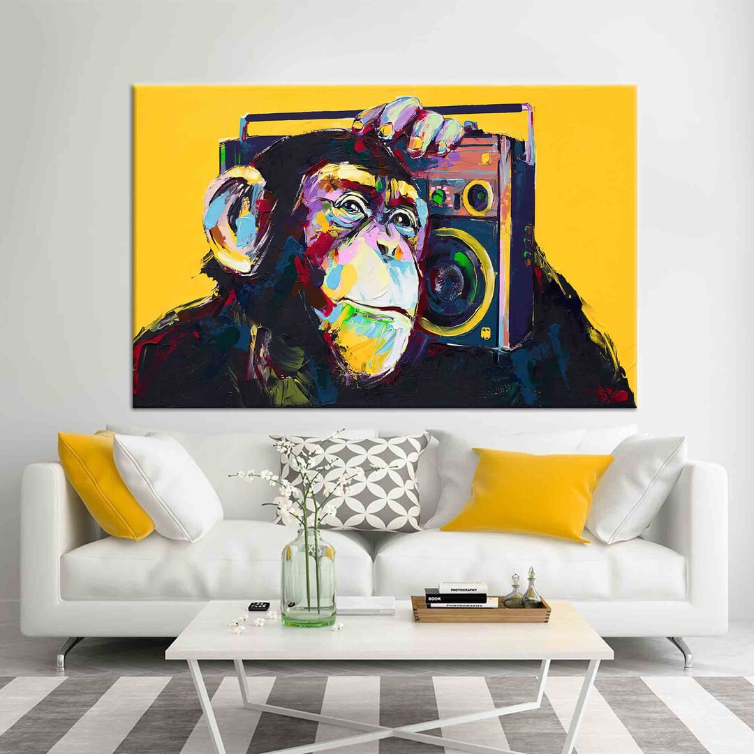 Colorful Monkey Wall Decor, Monkey Boombox Canvas, Graffiti Monkey