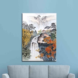 Aziatische waterval landschap kunst aan de muur, traditionele natuur inktwas schilderij print, canvas muurkunst, canvas print, muur kunst canvas, waterval