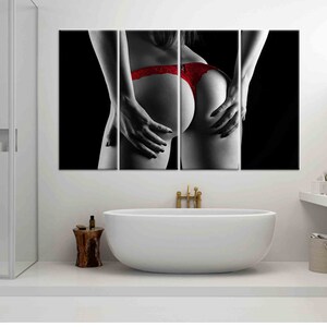 Red Underwear Canvas Print, Erotic Wall Art, Nude Wall Art, Nude Canvas, Sexy Woman Wall Art, Sexy Canvas, Erotic Canvas, Mature Set of 4 Panels