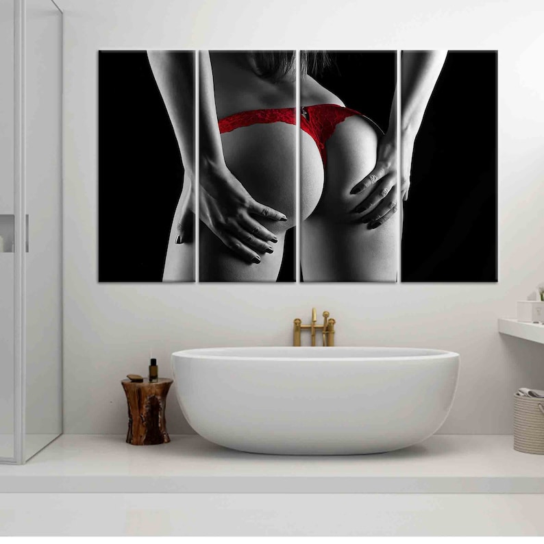Red Underwear Canvas Print, Erotic Wall Art, Nude Wall Art, Nude Canvas, Sexy Woman Wall Art, Sexy Canvas, Erotic Canvas, Mature Set of 4 Panels