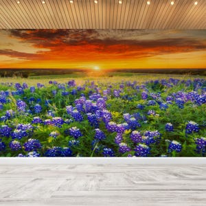 Blumen Landschaft Papier Kunst, Bluebonnet Feld Wanddruck, Sonnenuntergang Wanddruck, 3D Wandkunst, Landschaftswanddruck, Vinyl Tapete,