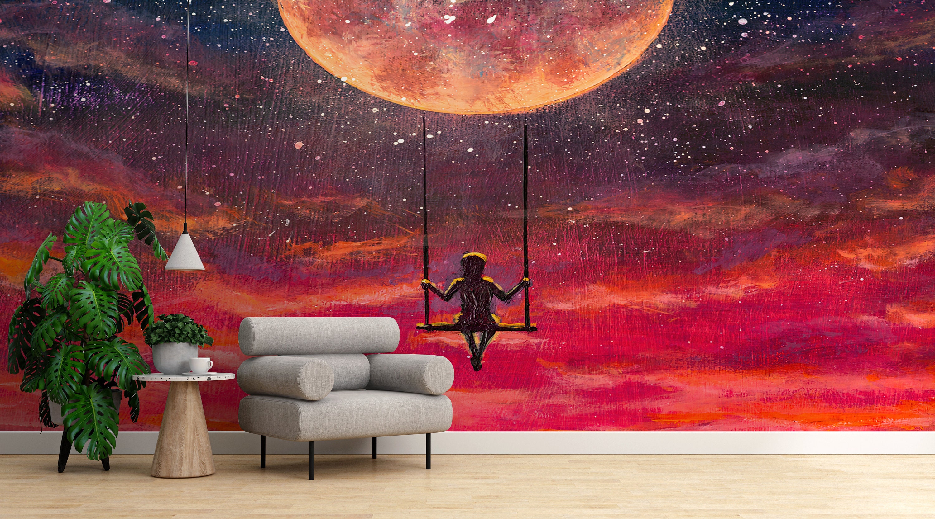 Girl Swinging on A Swing on Full Moon Custom Wall Paper