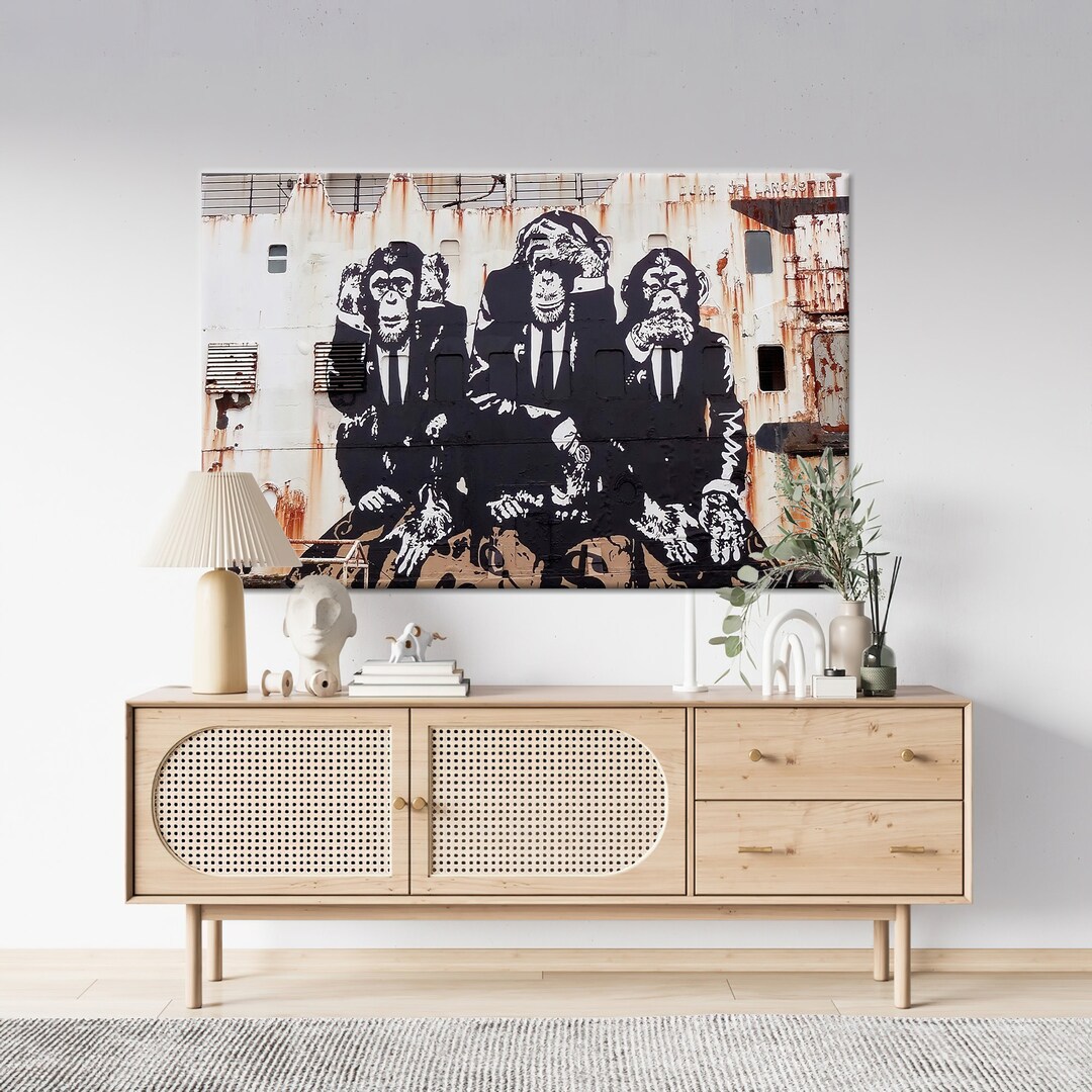 Banksy Style 3 Monkeys Canvas Art - 3 Panel Split Wise Monkeys Print, Framed Wall Decor