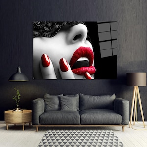 Red Lip Wall Art, Bedroom Wall Decoration, Trendy Wall Decoration, Sexy Woman With Red Lip Glass Wall, Personalized Wall Art, Tempered Glass