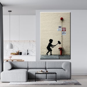 May include: A black and white silhouette of a child holding a hammer, smashing a red fire hydrant. The child is standing in front of a brick wall with signs that read "Sprinklers Throughout Building" and "Damage Connection For Fire Dept."
