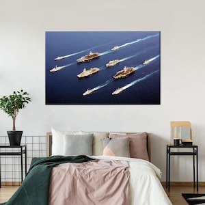 Naval Fleet Formation Canvas Wall Art, Military Aircraft Carrier Poster, Aerial Ocean Navy Ships Cotton Canvas Print for Office Decor