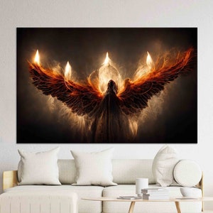 Impression sur toile, oeuvre d'art murale ange de la mort, Lucifer avec des ailes de feu rougeoyantes, grande oeuvre d'art murale, grande toile, cadeau de toile ange déchu,
