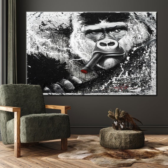 Gorilla Smoking, Gorilla Wall Art, Gorilla Canvas, Gorilla Wall Decor, Gorilla Painting, Monkey Wall Art, Monkey Canvas, Animal Wall Art,