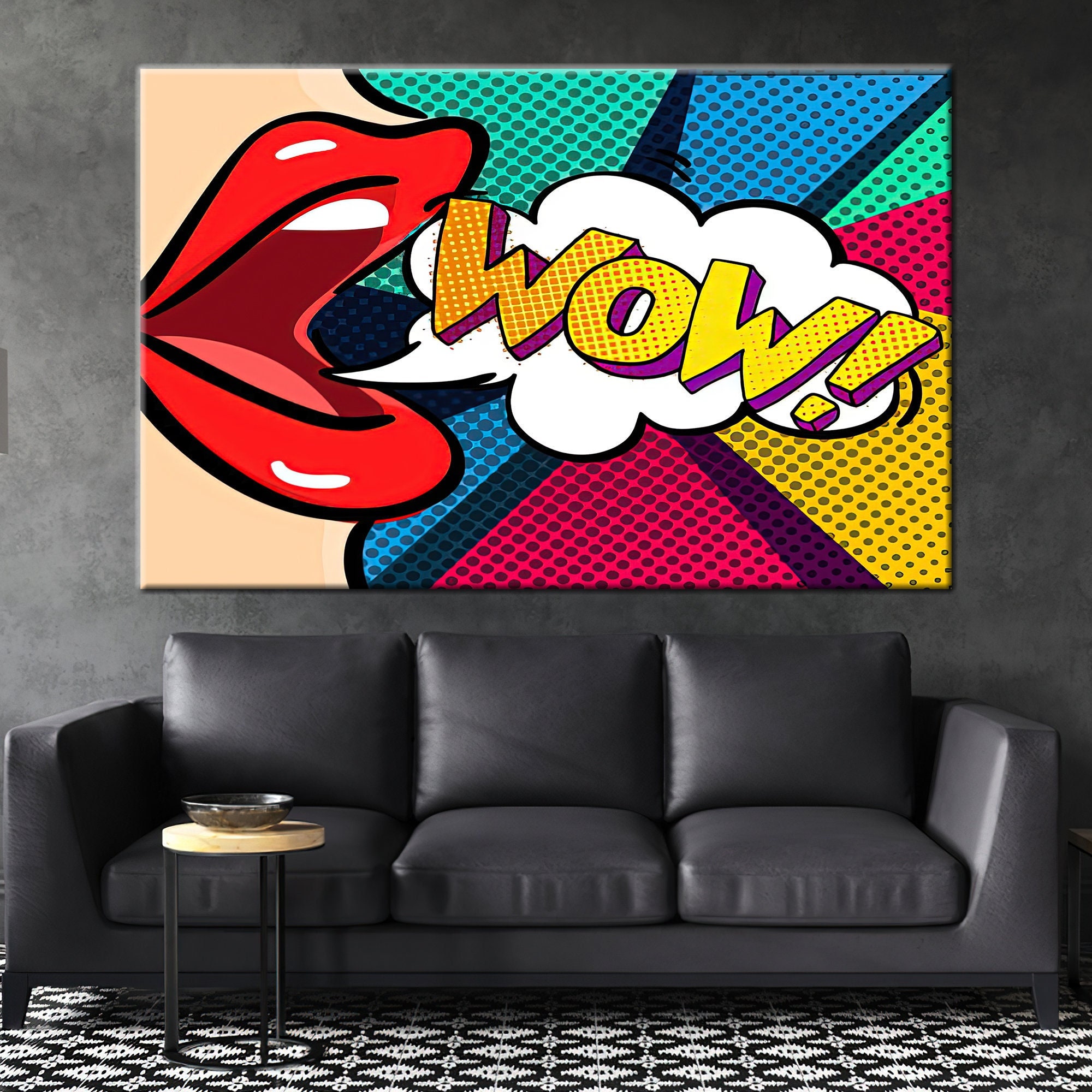 Red Lip Pop Art Canvas Print: Woman WOW Comic Style Wall Decor