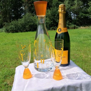 Rare Veuve Clicquot Champagne Alphabet Crystal Glass Decanter & 2 Flute Glass, Vintage