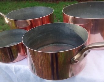 Ensemble de quatre casseroles en cuivre Art et Cuisine METAUX OUVRES - VESOUL - fabriqué en France - bon état