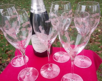 Extremely rare : set of six magnificent flower painted champagne glasses "Laurent Perrier"