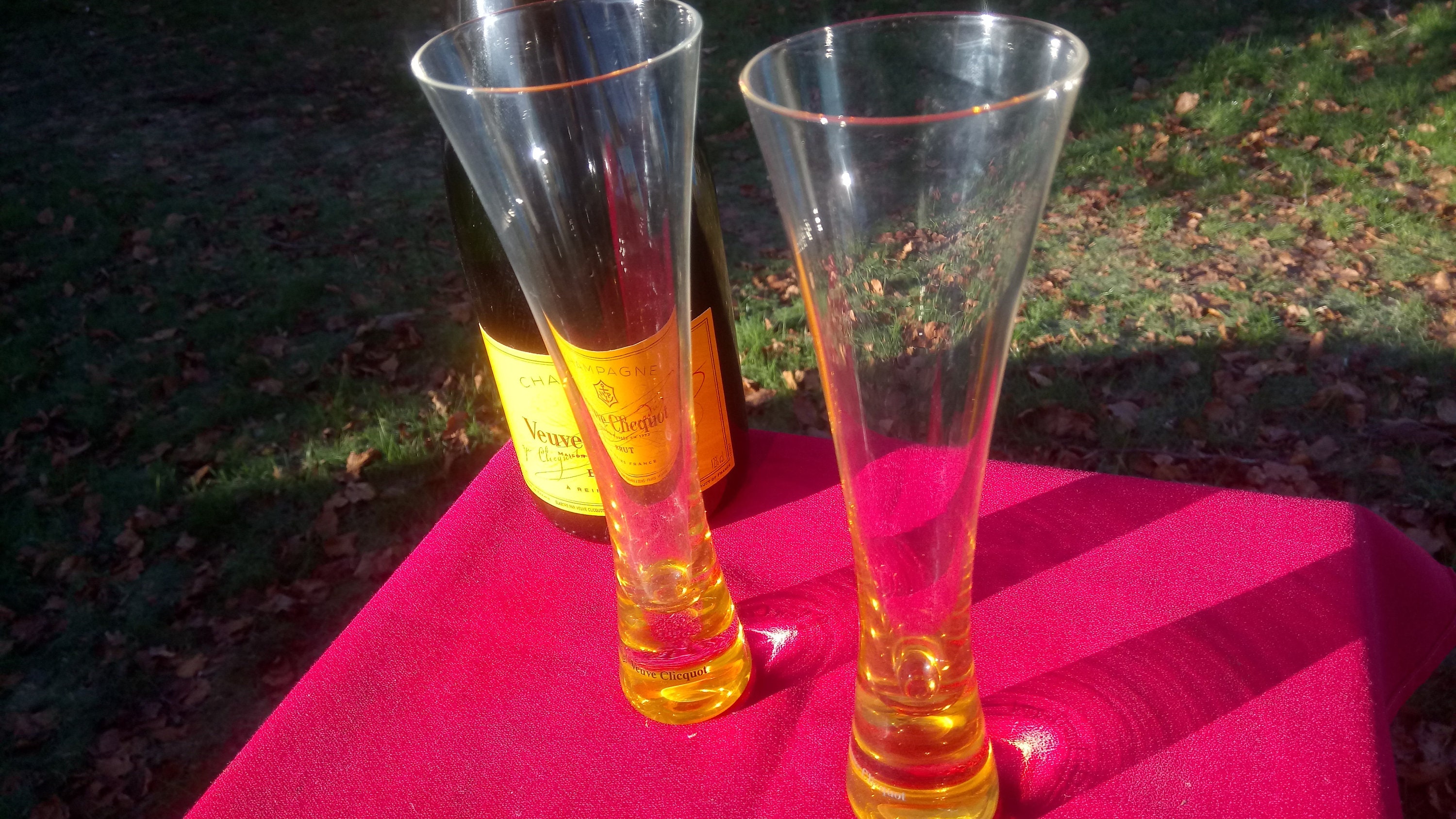 Set von zwei seltenen trendigen Veuve Clickurs Champagnergläsern mit Veuve Clicqt-Logo auf der Basis in ausgezeichnetem Zustand.