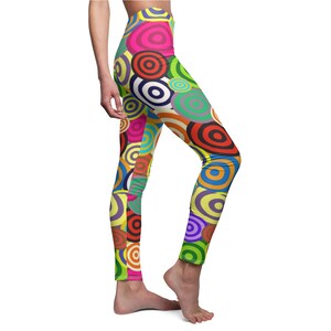 Women&#39;s Colorful Circle Print Casual Leggings, Comfy Yoga Pants, Funky Dance Festival Leggings, Christmas Gift Leggings, Teen Girl Leggings