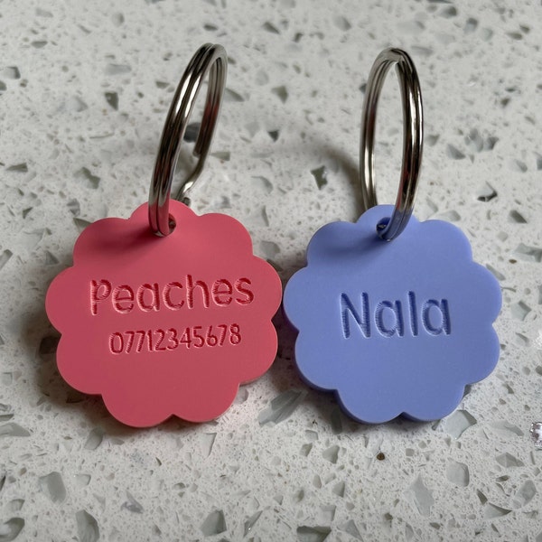 Engraved acrylic custom pet ID tags, dog cat name disc, personalised cool modern pet identification tag, dog tag collar, cat ID flower shape