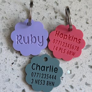 Personalised engraved Acrylic Pet ID Tag: Custom Dog Cat Name Disc, puppy kitten quiet ID tag