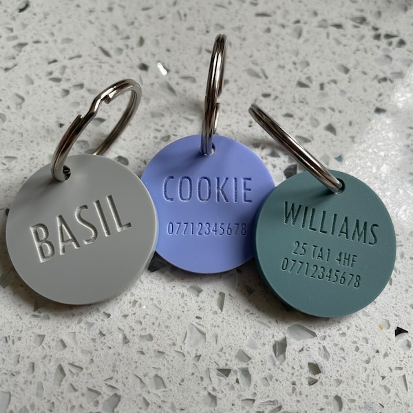 Engraved acrylic custom pet ID tags, dog cat name disc, personalised cool modern pet identification tag, dog tag collar, cat ID circle shape