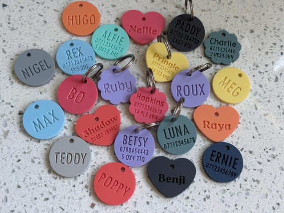 Engraved Acrylic Pet ID Tag: Modern Dog Cat Collar Name Disc, personalised colourful quiet dog puppy tag