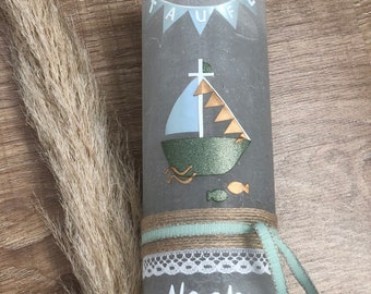 Rustik Taufkerze/ Taufe/ handmade Taufkerze/ Boot/ Wimpelkette