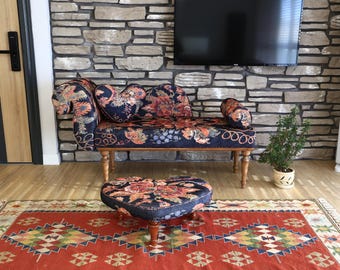 Floral Rug Upholstered Loveseat Chaise, Oriental Lounge Chair, Upholstered Sofa with Footstool, Reclining Bench, Bedroom Bench with table