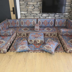 Luxury U-Shaped Floor Seating Set With Backrest, Blue Red Oriental Pattern, Majlis Sofa, Ottoman Sofa Couch Middle Eastern Style, Floor Seat