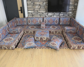 Luxury U-Shaped Floor Seating Set With Backrest, Blue Red Oriental Pattern, Majlis Sofa, Ottoman Sofa Couch Middle Eastern Style, Floor Seat