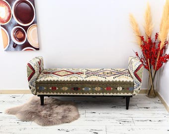 Banco Kilim con almacenamiento oculto, otomana turca Kilim tapizada, banco para recibidor, asiento para dormitorio, tela ecológica.