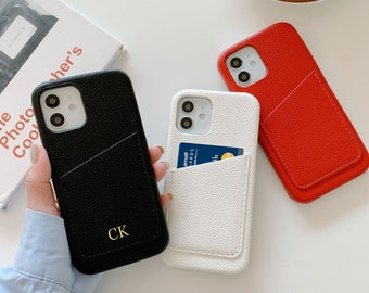 Personalized Pebble Leather iPhone Case,  Custom Initial With Card Holder iPhone Case For 14 Pro/13/12/11/XS Max/8/7/X/XS, Leather Gift idea