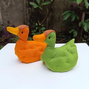 May include: Two plush duck toys. One is orange with a yellow beak and brown cap, the other is green with an orange beak and brown cap. The ducks are on a white surface with a green background.