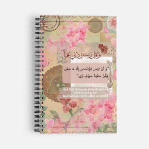 May include: Spiral-bound notebook with a collage design featuring pink flowers, vintage stamps, and script. The notebook includes Arabic and English text. The cover has a soft, watercolor aesthetic with a mix of floral and vintage elements.