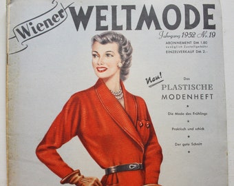 Revista antigua Wiener Weltmode número 19-1952, hojas de patrones, patrones de revistas de moda, patrones de costura retro para revistas de moda