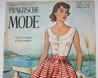 Praktische Mode Heft 7/ 1956 , Modezeitschrift   mit Schnittbogen , Modeheft Nähzeitschrift  Modemagazin Modejournal