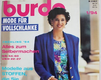 Burda Plus  Mode für Vollschlanke  Frühjahr  1994  Anleitungen ,Schnittbogen, Modezeitschrift  Modeheft Nähzeitschrift  Modemagazin Vintage