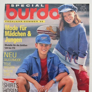 May include: A magazine cover with two children in denim clothing. The cover reads "SPECIAL burda" and "FRÜHJAHR/SOMMER '95". The boy wears a denim jacket and shorts, and the girl a blue sweatshirt and red trousers. A basketball with the USA flag is in the image.