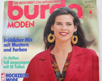 Burda Moden 4/ 1990 Instructions, feuilles de découpe, magazine de mode Patterns Fashion Magazine Retro Sewing Patterns vintage