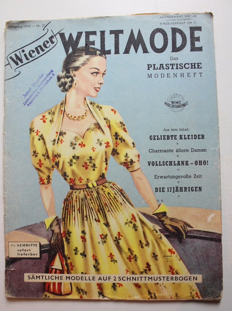 Viennese world fashion issue No. 21 1952 pattern sheet fashion magazine fashion magazine sewing magazine fashion magazine image 1
