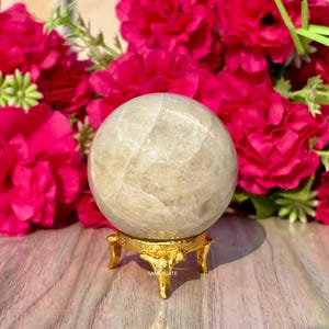 Rare Cream Moonstone Sphere: Divine Healing Crystal with Stand