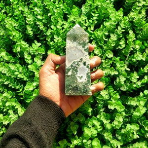 125mm Large Druzy Moss Agate Crystal Tower - Gemstone Obelisk Point Tower - Display Piece - Gift For Her - Showpiece - Healing Crystal Tower