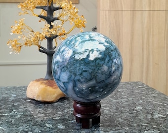 125mm Moss Agate Sphere: Meditation Crystal Ball, Home Decor