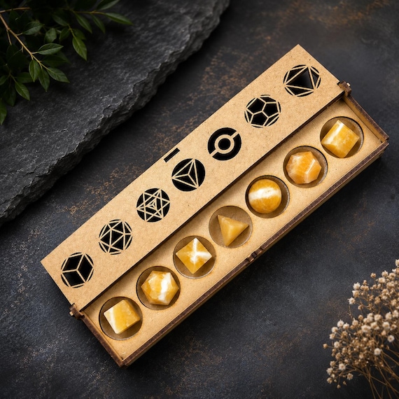 Yellow Calcite Sacred Geometry Crystal Set: Platonic Solids Meditation Altar Decor