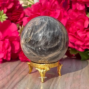Seltene Schwarz Mondstein Sphäre: Metaphysischer Heilender Kristall mit Ständer