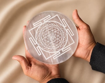 6" Shri Yantra Selenite Plate: Sacred Geometry Crystal Grid