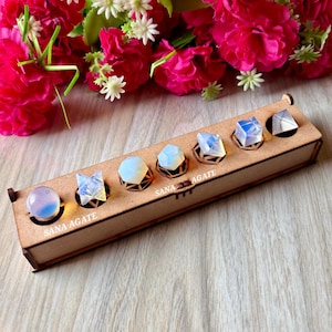 7pcs Opalite Sacred Geometry Platonic Solids Set - Crystal Geometry Set - Healing Crystal Set - Come With Grid Board Wooden Box - Gift