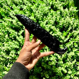 Può includere: Una punta di freccia in ossidiana nera con una superficie unica e testurizzata. La punta di freccia è lunga circa 18 cm e ha una punta appuntita. La punta di freccia è tenuta in una mano su uno sfondo verde frondoso.
