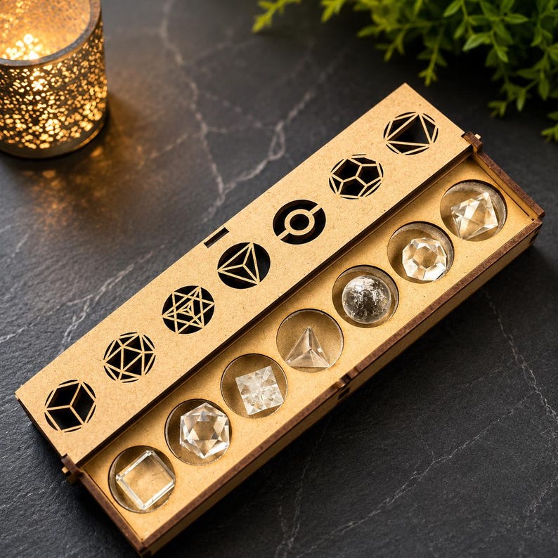 May include: A wooden box with a sliding lid, containing clear, geometric-shaped objects. The lid features cut-out geometric designs. The box is on a dark surface, with a lit candle in the background.